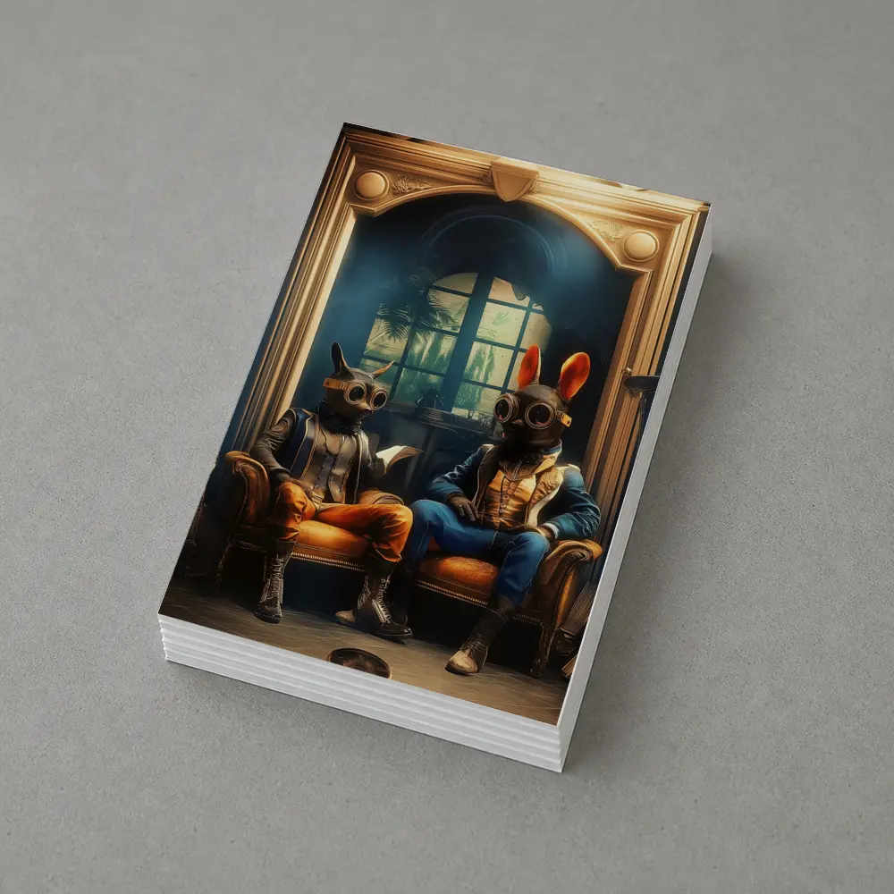 Steampunk Rabbits Sitting In Dark Room – Postcards