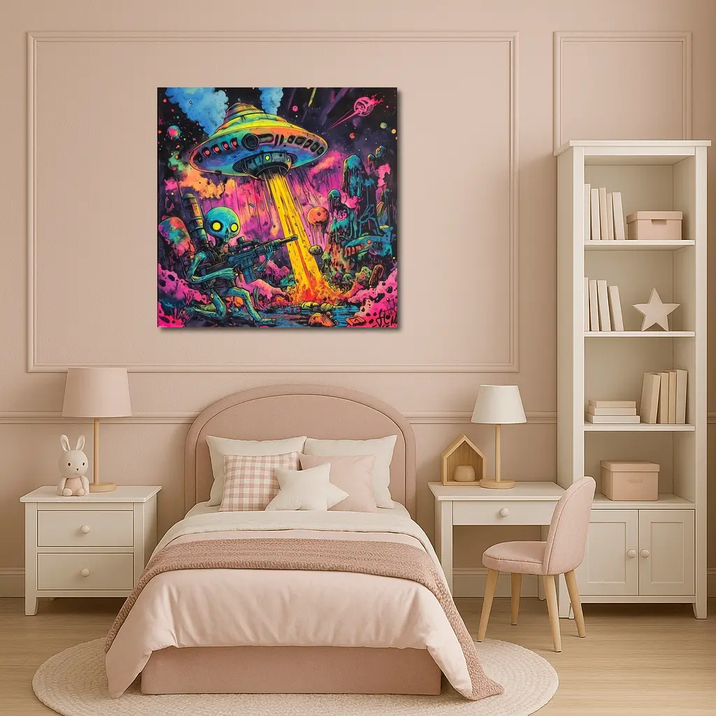 Alien Warrior UFO Invasion Neon Art – Wall Art