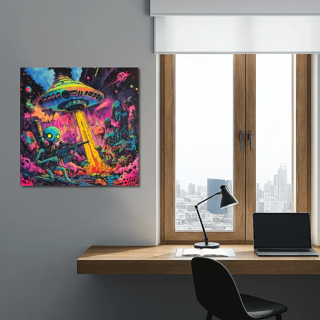 Alien Warrior UFO Invasion Neon Art – Wall Art