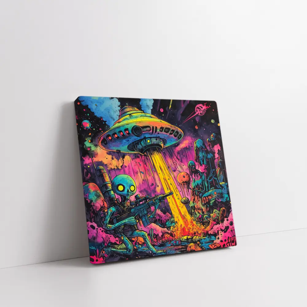 Alien Warrior UFO Invasion Neon Art – Wall Art