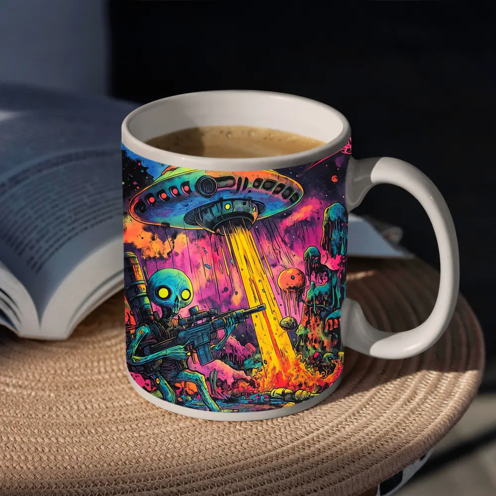 Alien Warrior UFO Invasion Neon Art – Mugs