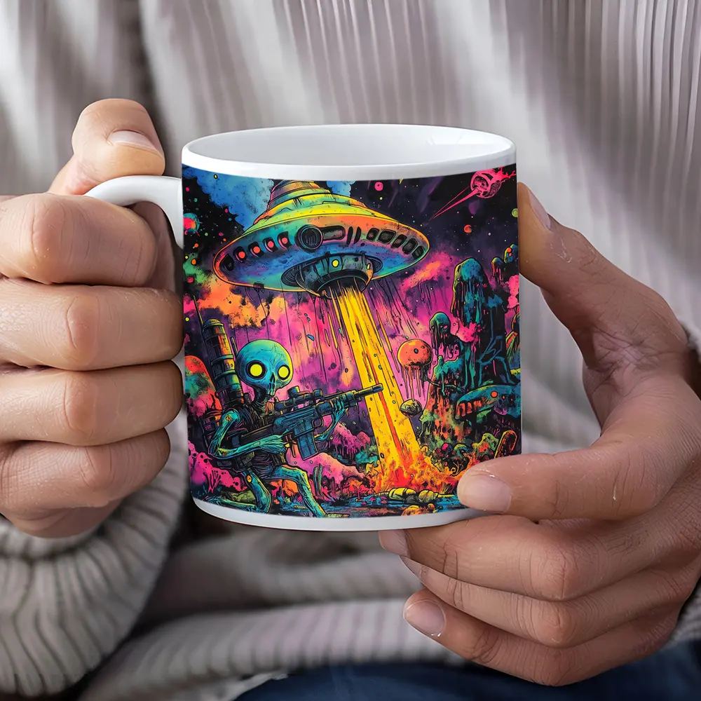 Alien Warrior UFO Invasion Neon Art – Mugs