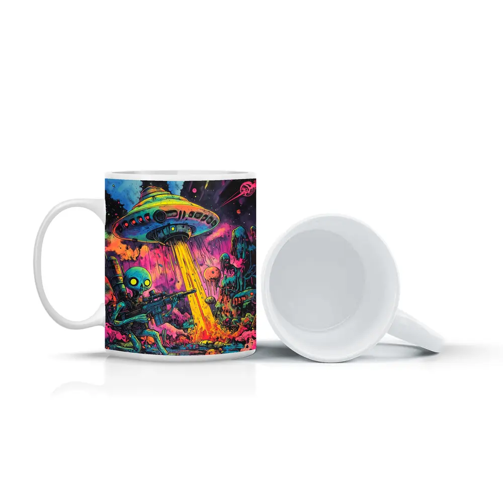 Alien Warrior UFO Invasion Neon Art – Mugs