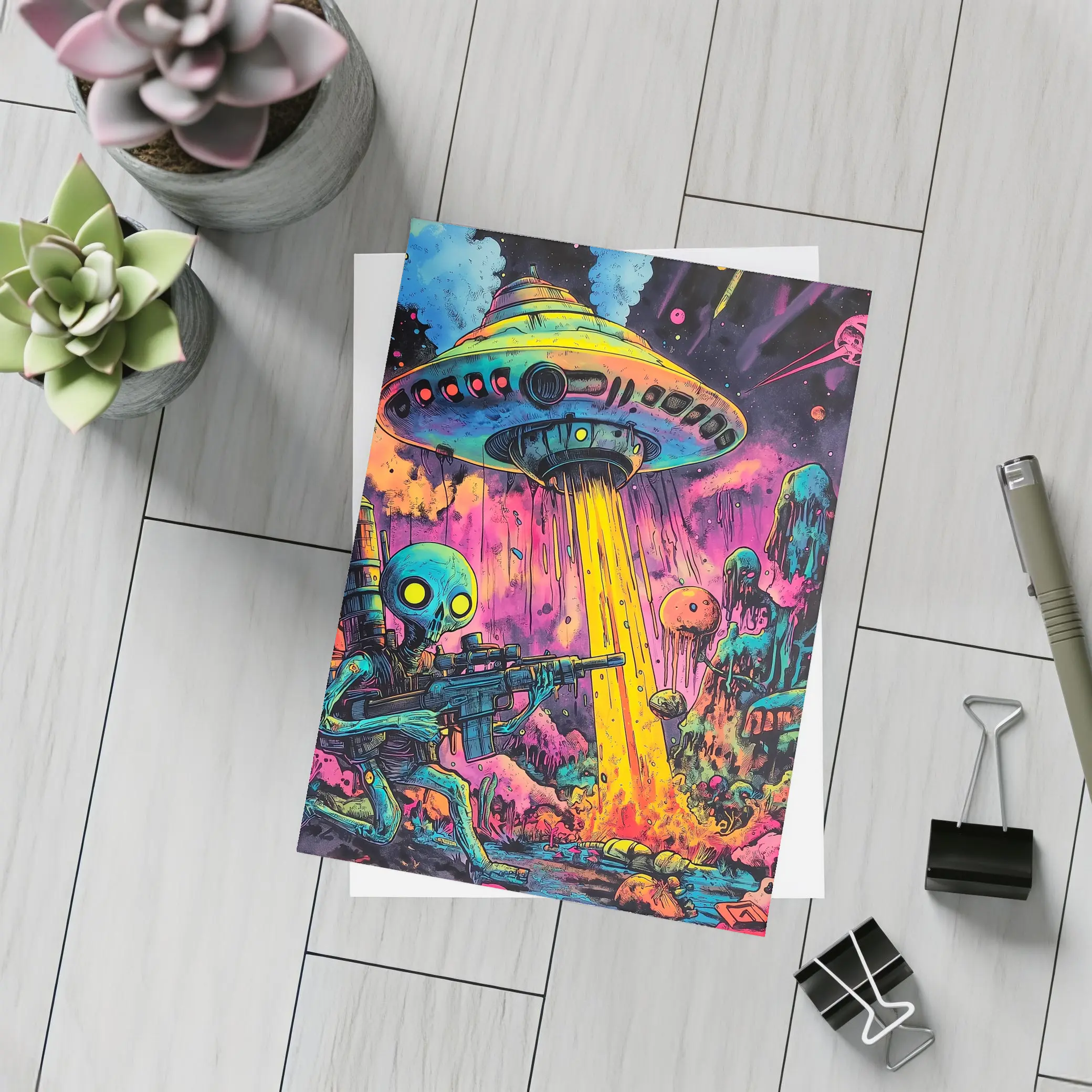 Alien Warrior UFO Invasion Neon Art – Postcards