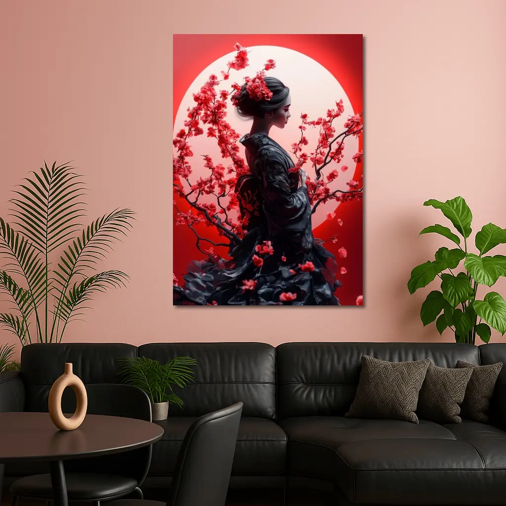 Japanese Geisha Red Cherry Blossoms Moon – Wall Art
