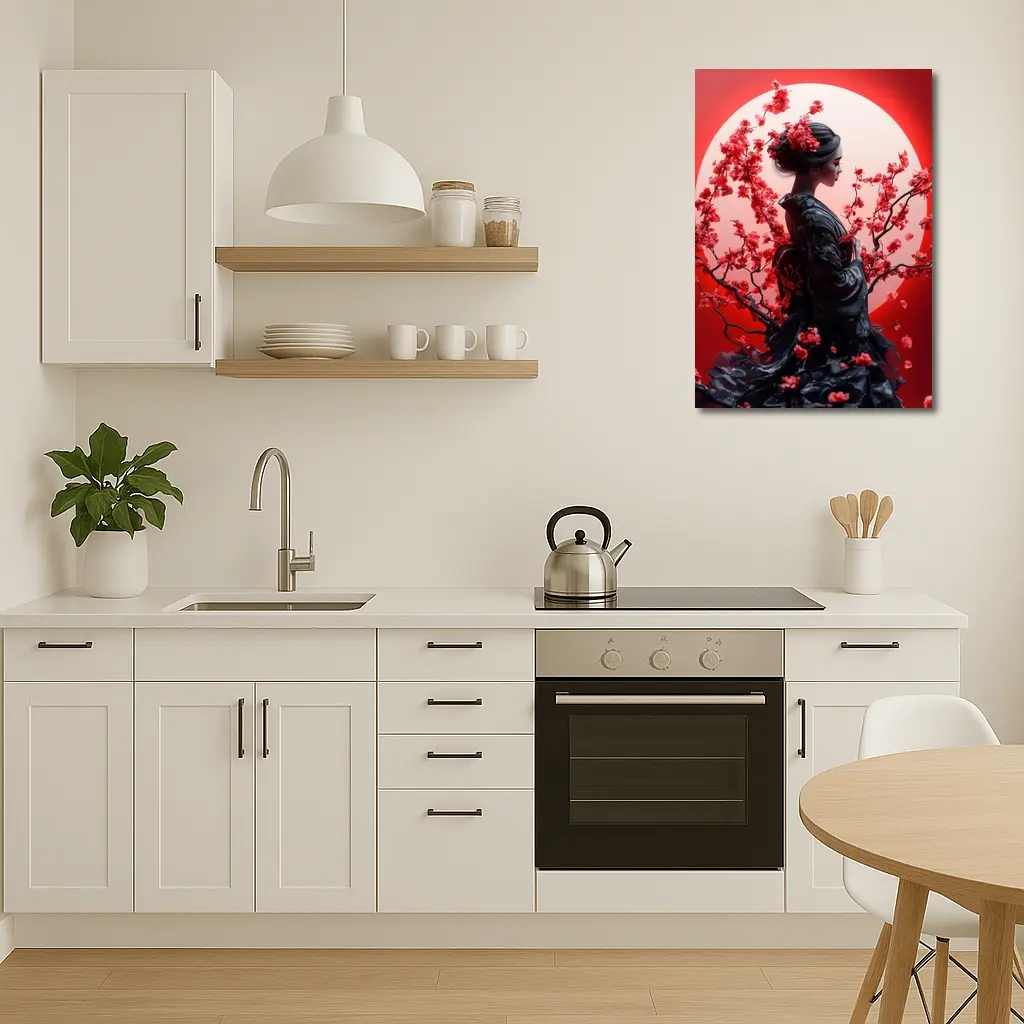 Japanese Geisha Red Cherry Blossoms Moon – Wall Art