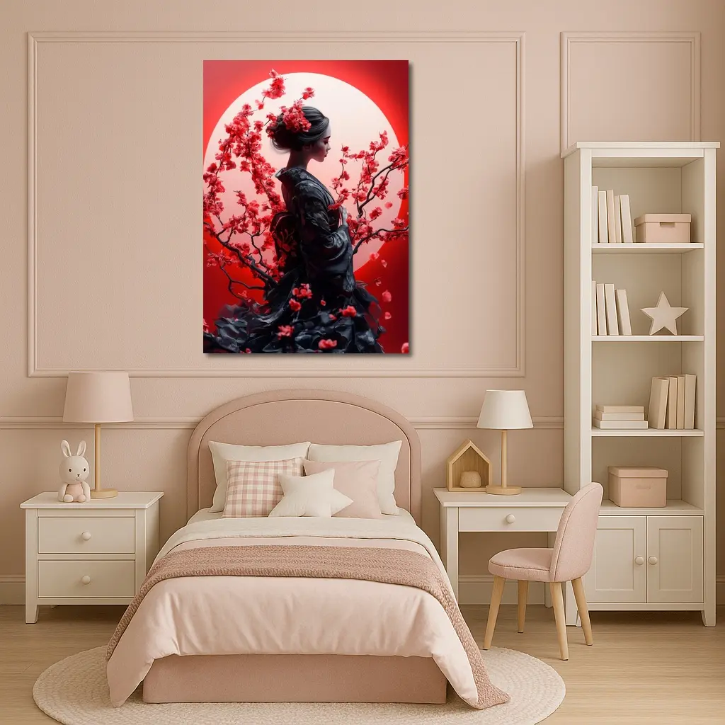 Japanese Geisha Red Cherry Blossoms Moon – Wall Art