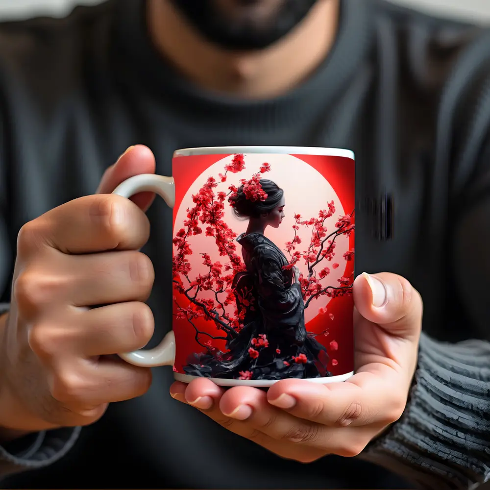Japanese Geisha Red Cherry Blossoms Moon – Mugs