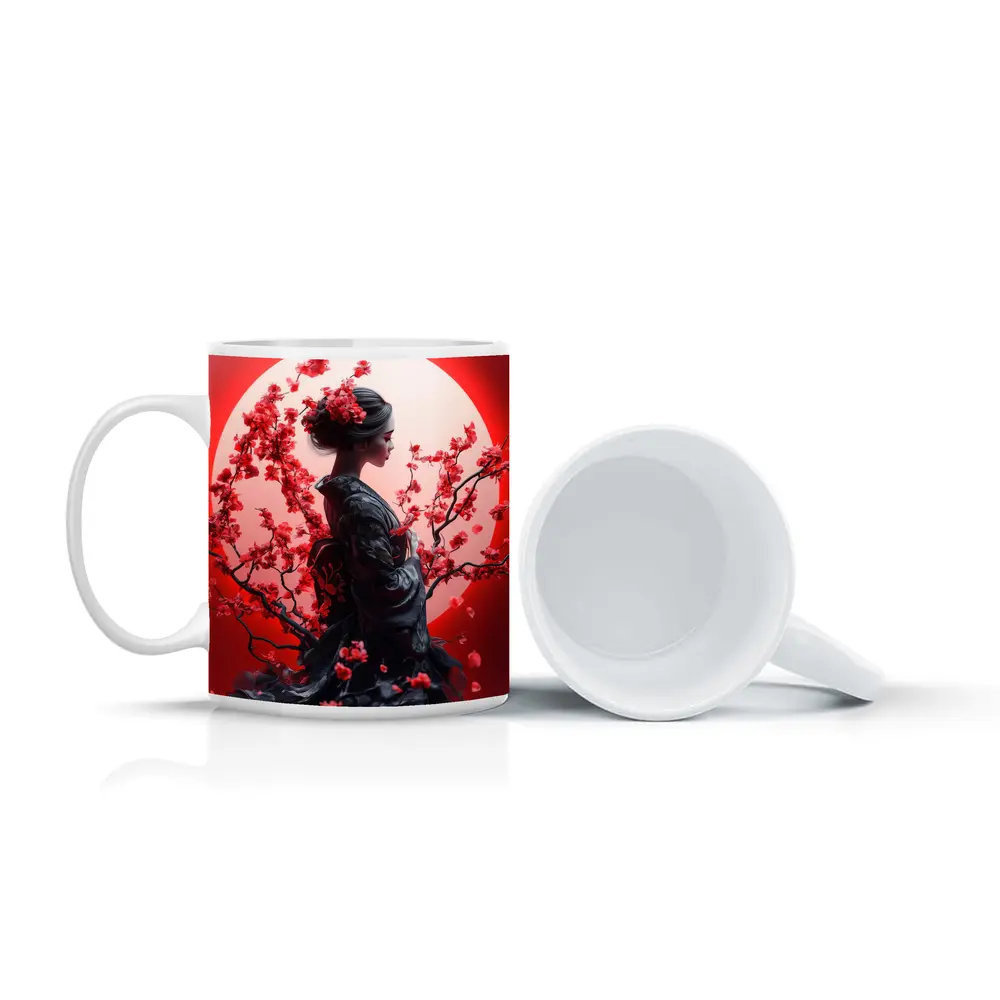 Japanese Geisha Red Cherry Blossoms Moon – Mugs