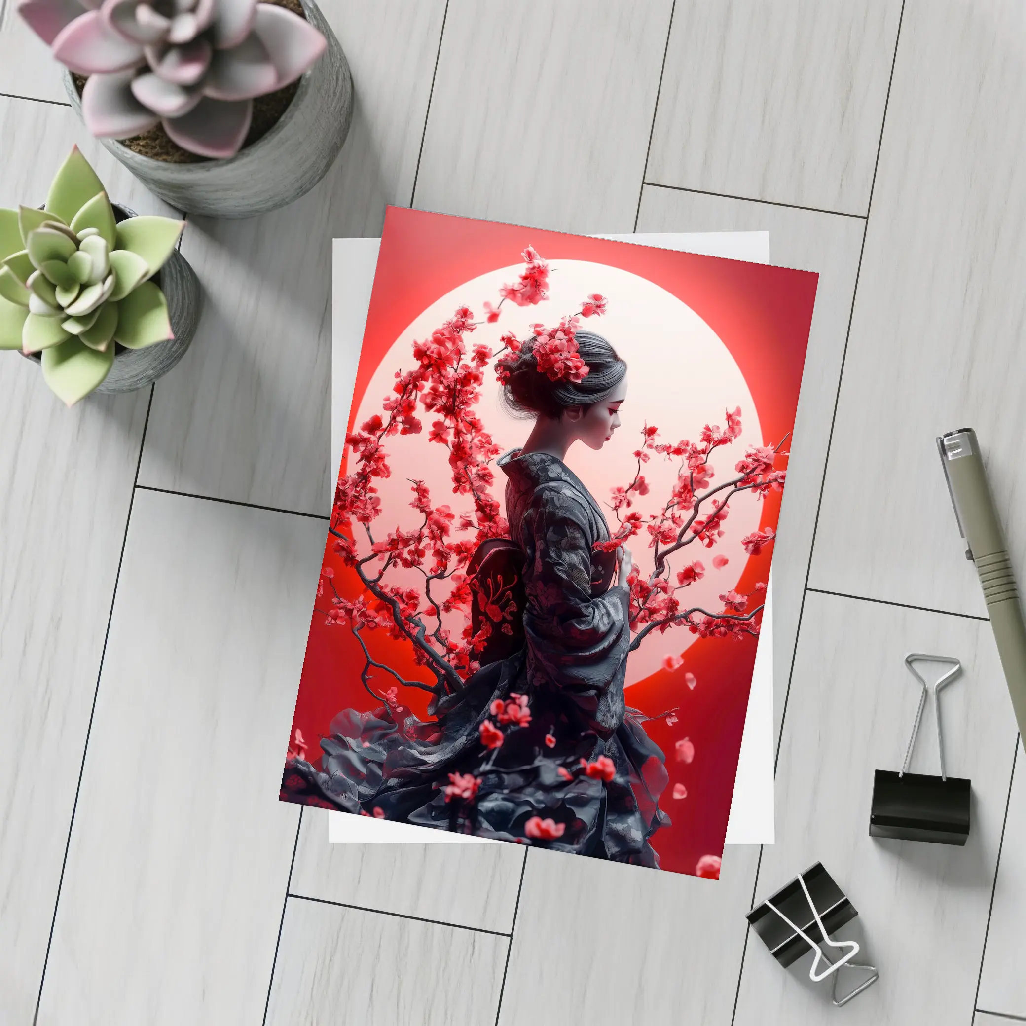 Japanese Geisha Red Cherry Blossoms Moon – Postcards