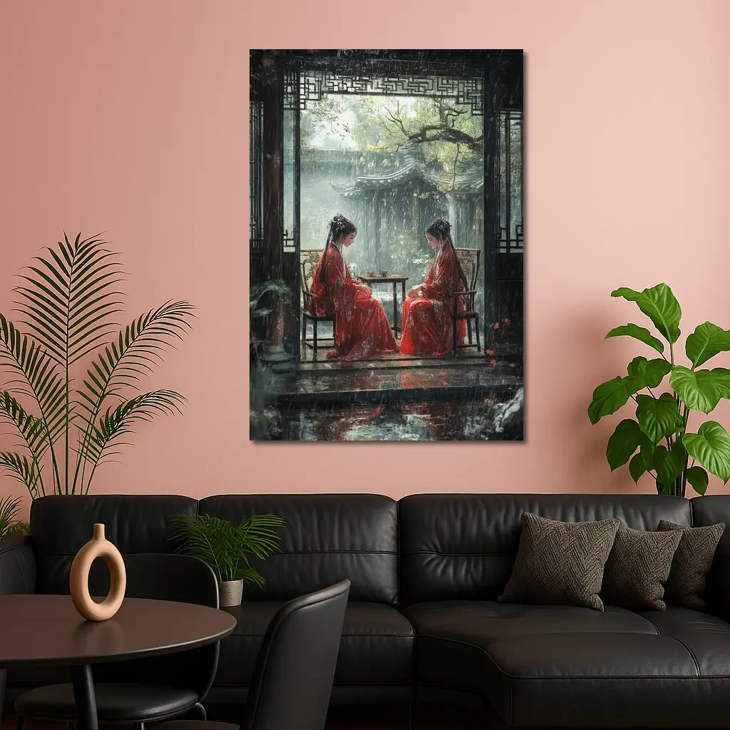 Two Women in Red Robes Rainy Garden – Wall Art