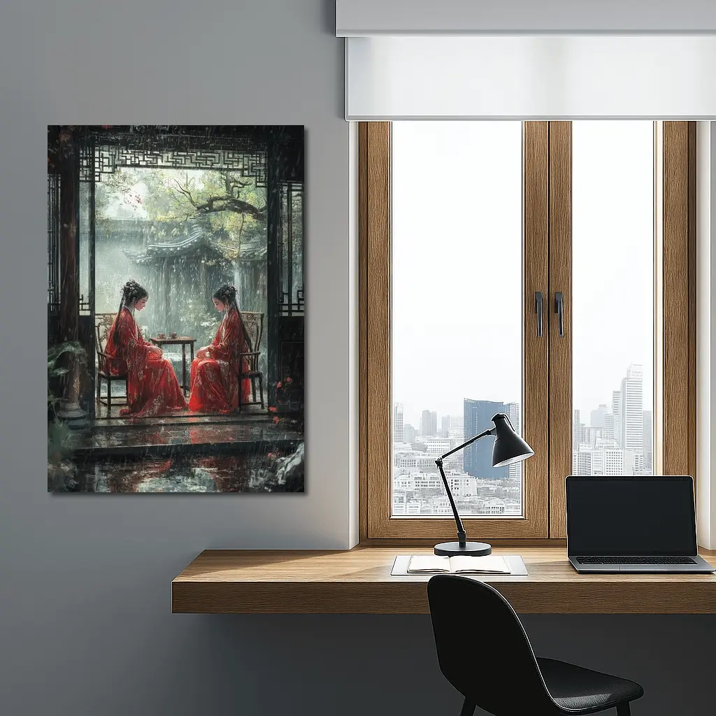 Two Women in Red Robes Rainy Garden – Wall Art