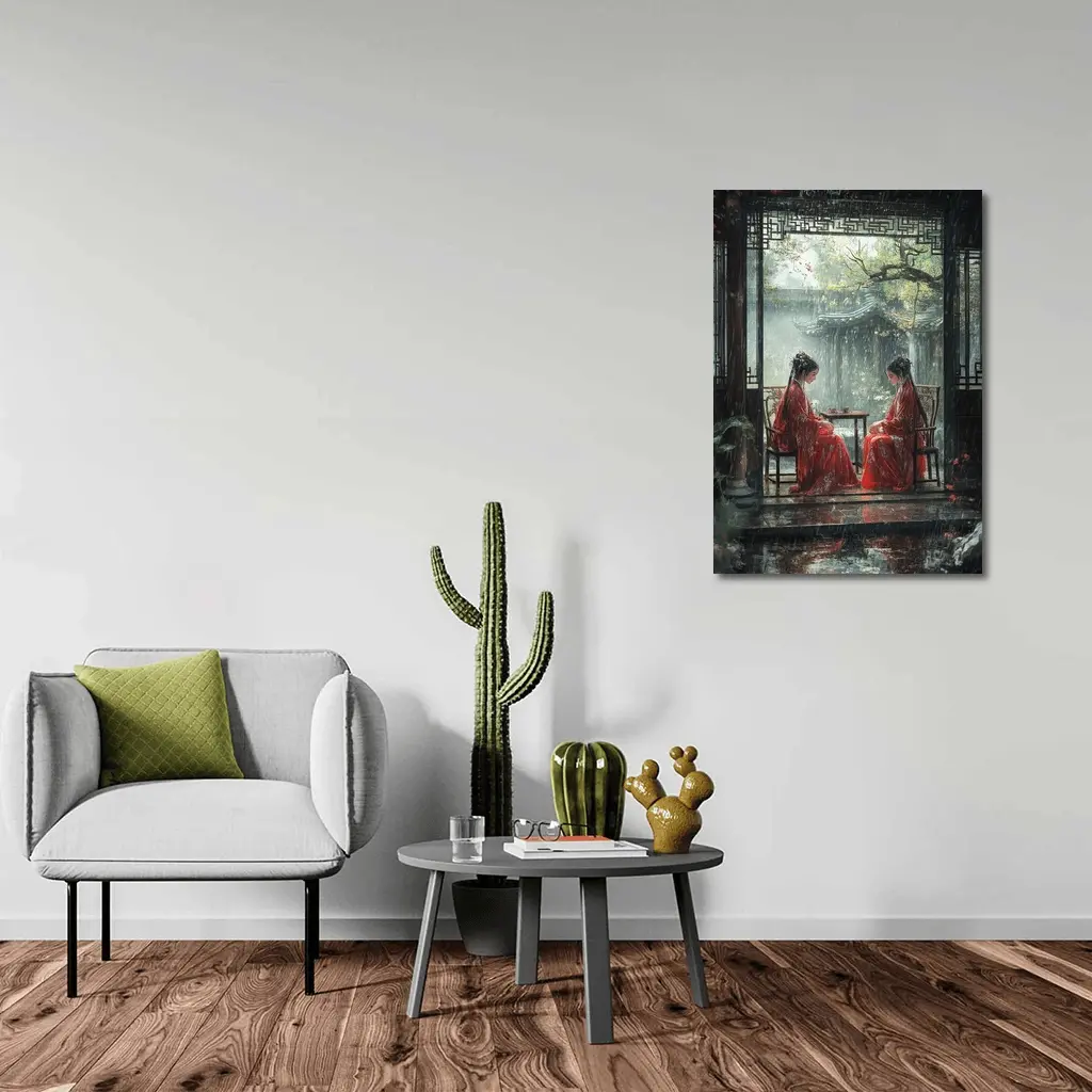 Two Women in Red Robes Rainy Garden – Wall Art