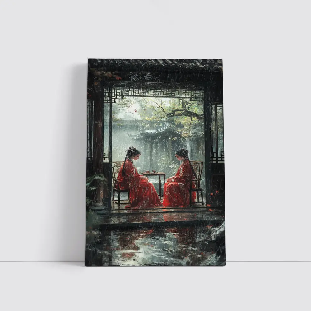 Two Women in Red Robes Rainy Garden – Wall Art