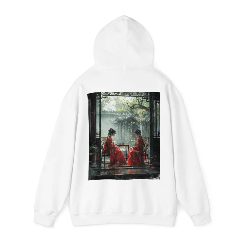 Two Women in Red Robes Rainy Garden – Hoodies