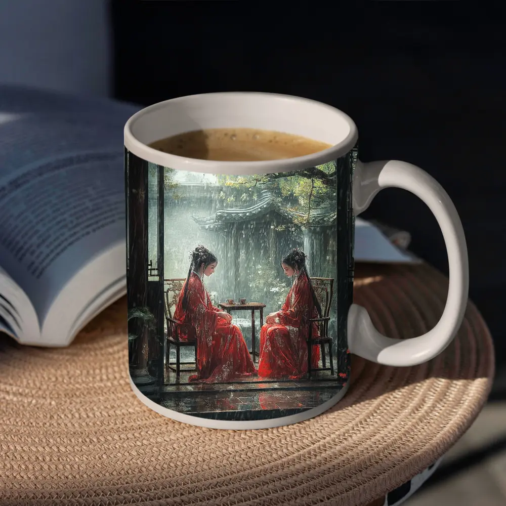 Two Women in Red Robes Rainy Garden – Mugs