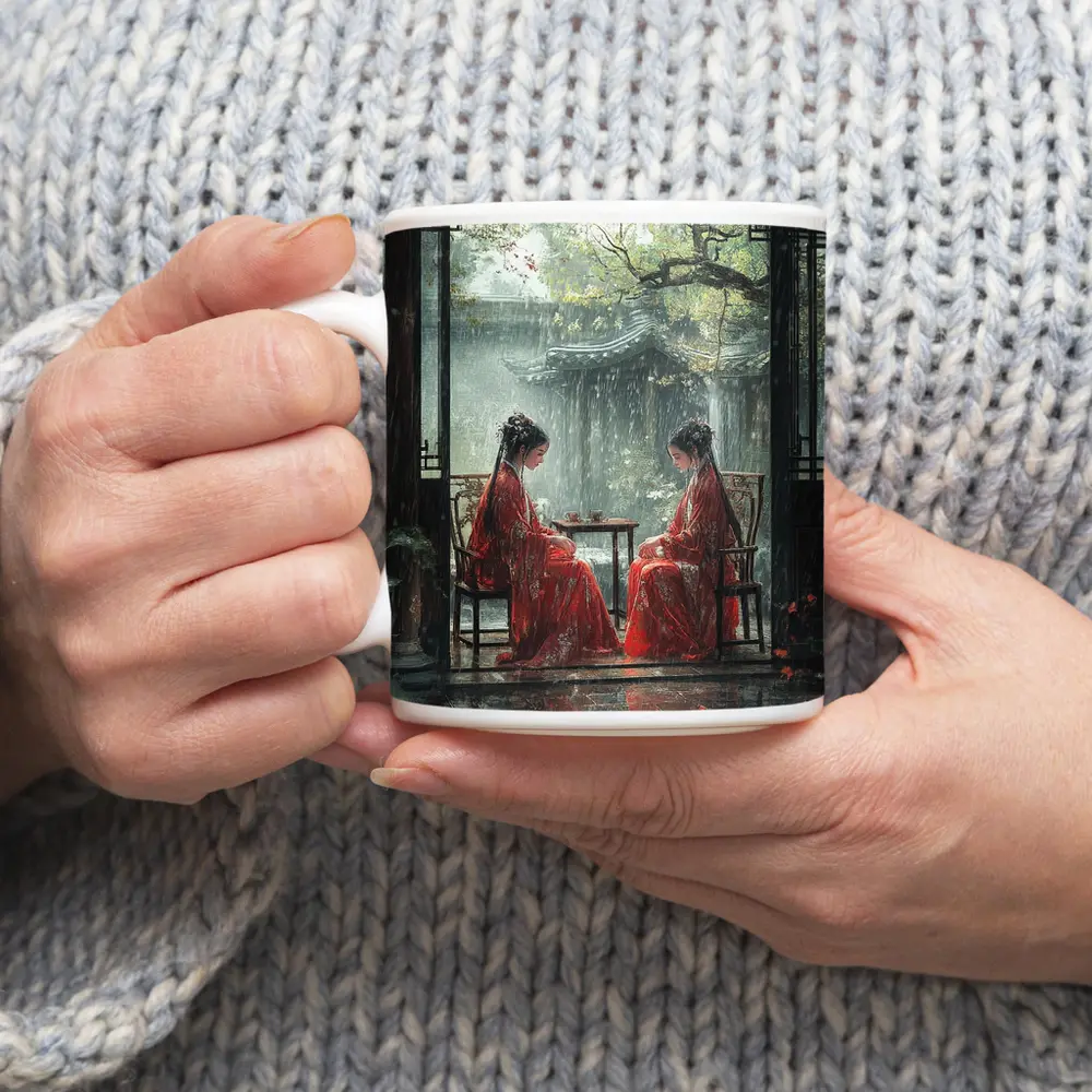 Two Women in Red Robes Rainy Garden – Mugs
