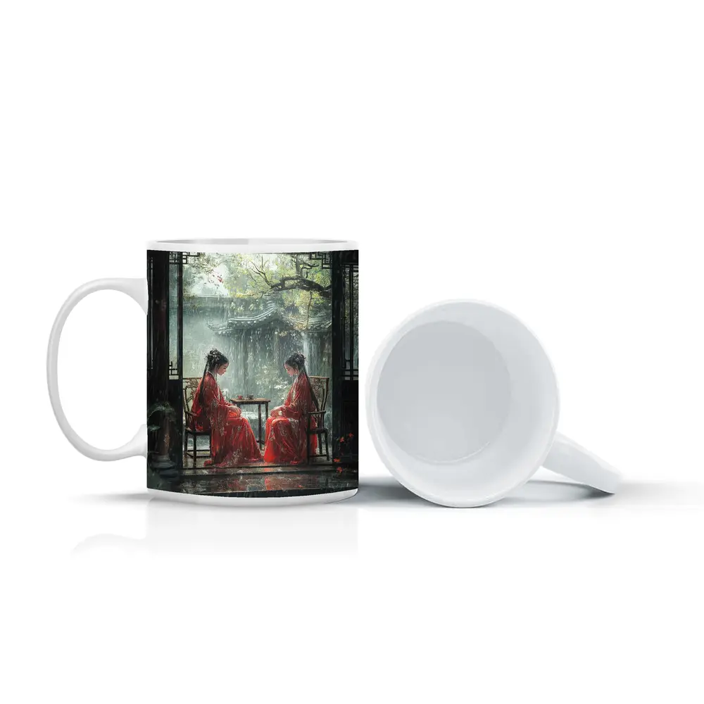 Two Women in Red Robes Rainy Garden – Mugs