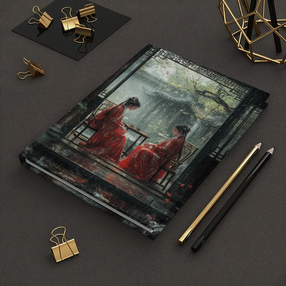 Two Women in Red Robes Rainy Garden – Notebooks