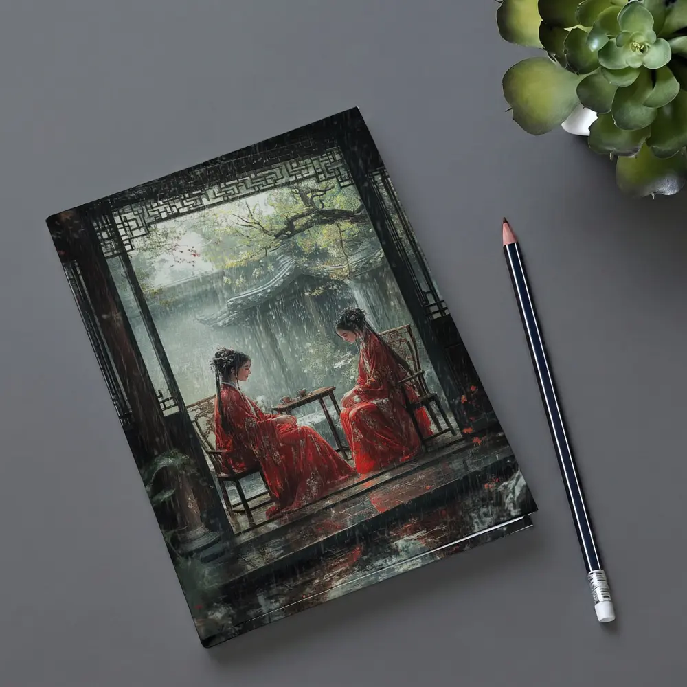 Two Women in Red Robes Rainy Garden – Notebooks