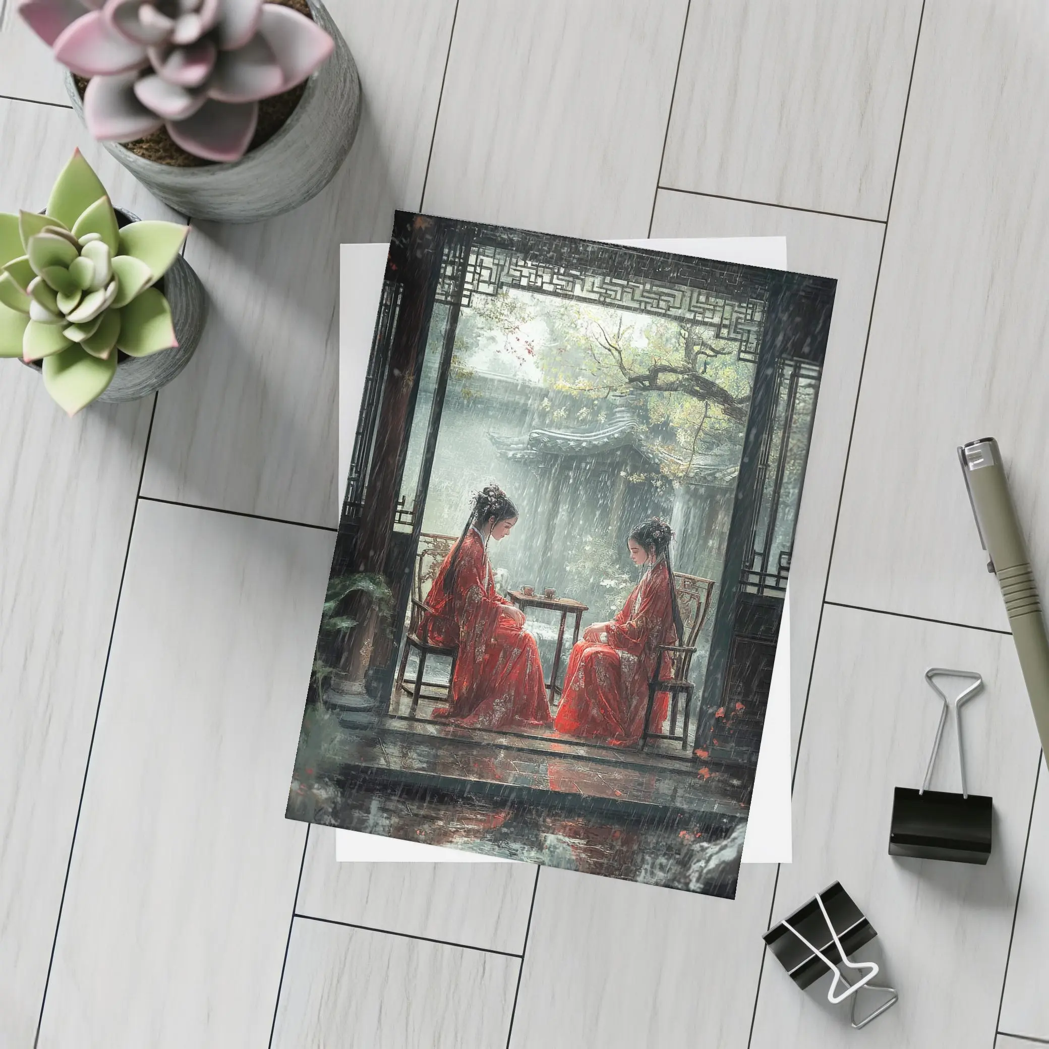 Two Women in Red Robes Rainy Garden – Postcards