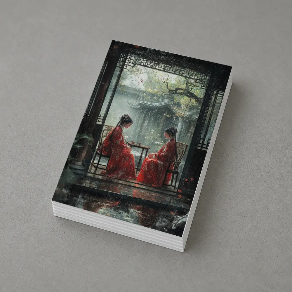 Two Women in Red Robes Rainy Garden – Postcards