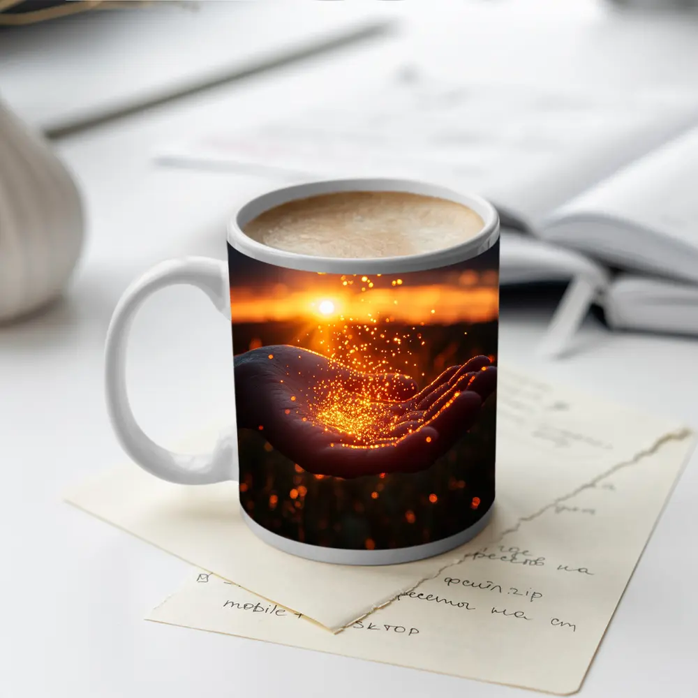 Hand Holding Golden Light Sunset Field – Mugs