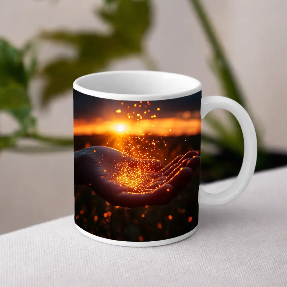 Hand Holding Golden Light Sunset Field – Mugs