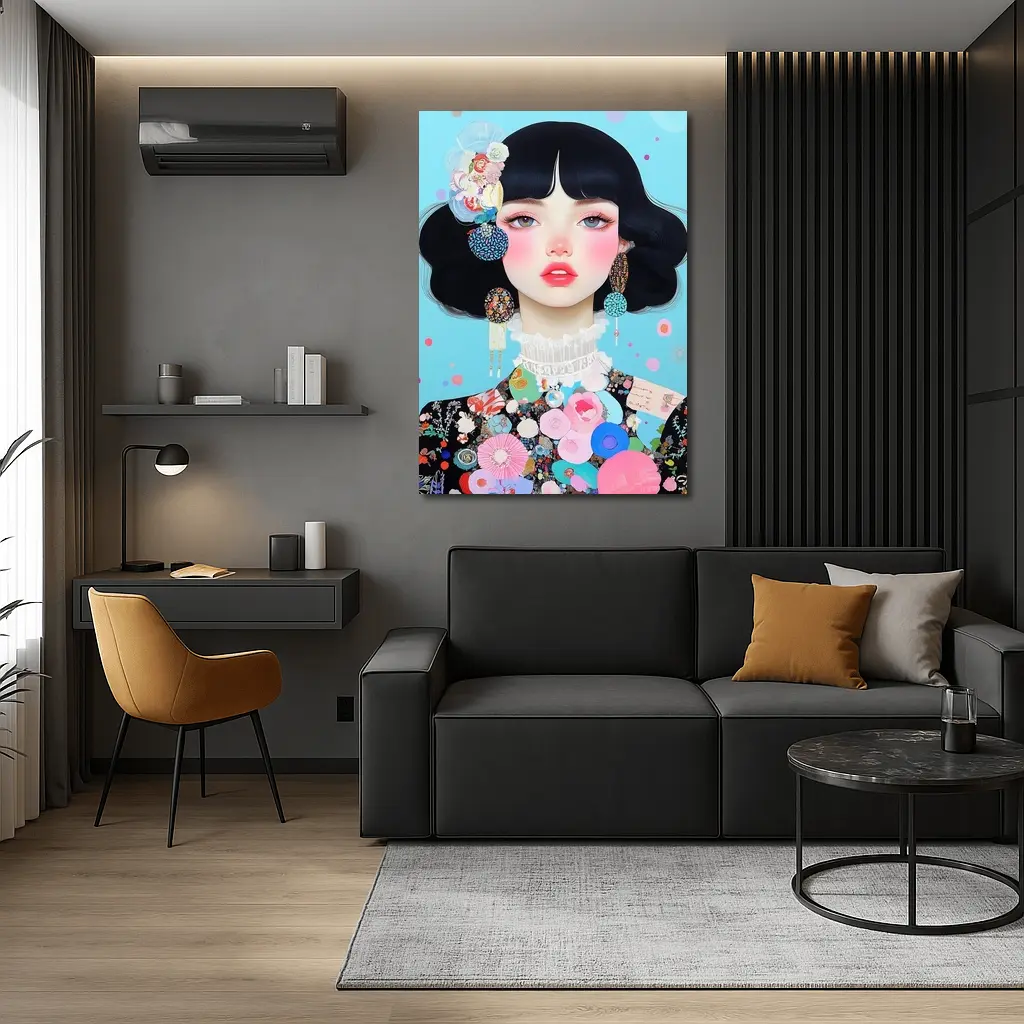 Anime Girl Floral Collage Blue Background – Wall Art
