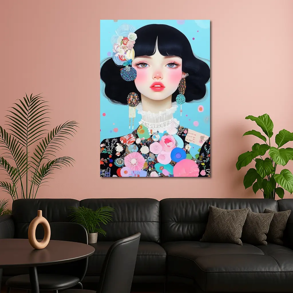 Anime Girl Floral Collage Blue Background – Wall Art