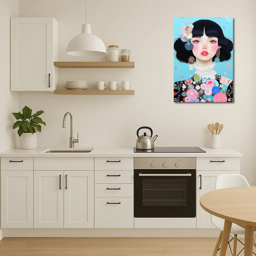 Anime Girl Floral Collage Blue Background – Wall Art
