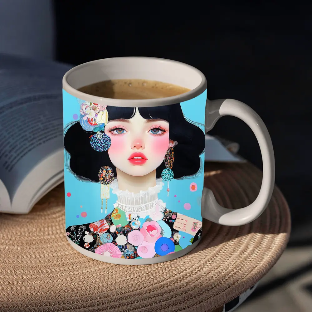 Anime Girl Floral Collage Blue Background – Mugs