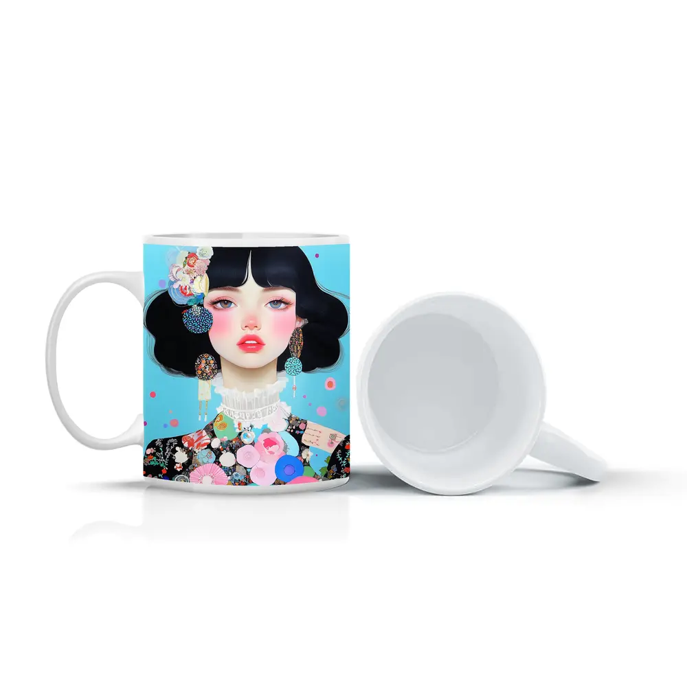 Anime Girl Floral Collage Blue Background – Mugs