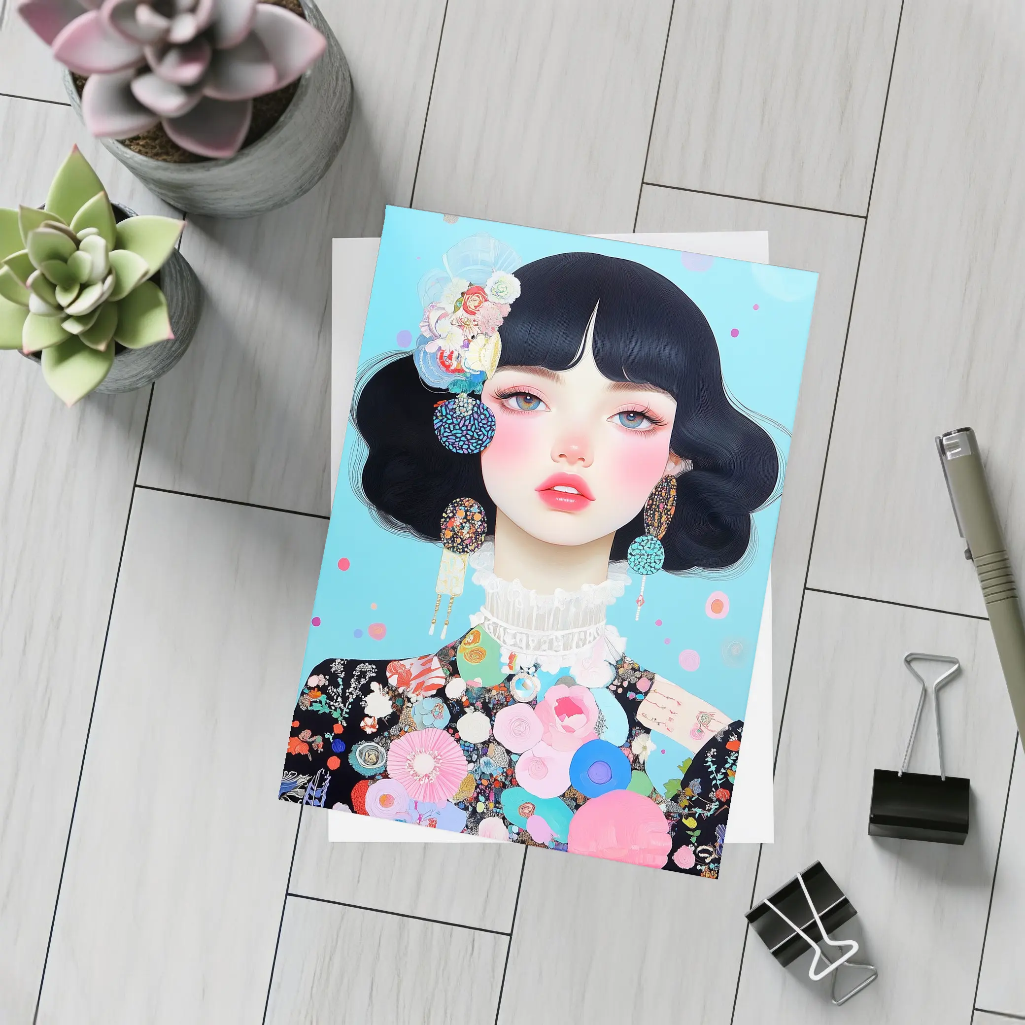 Anime Girl Floral Collage Blue Background – Postcards