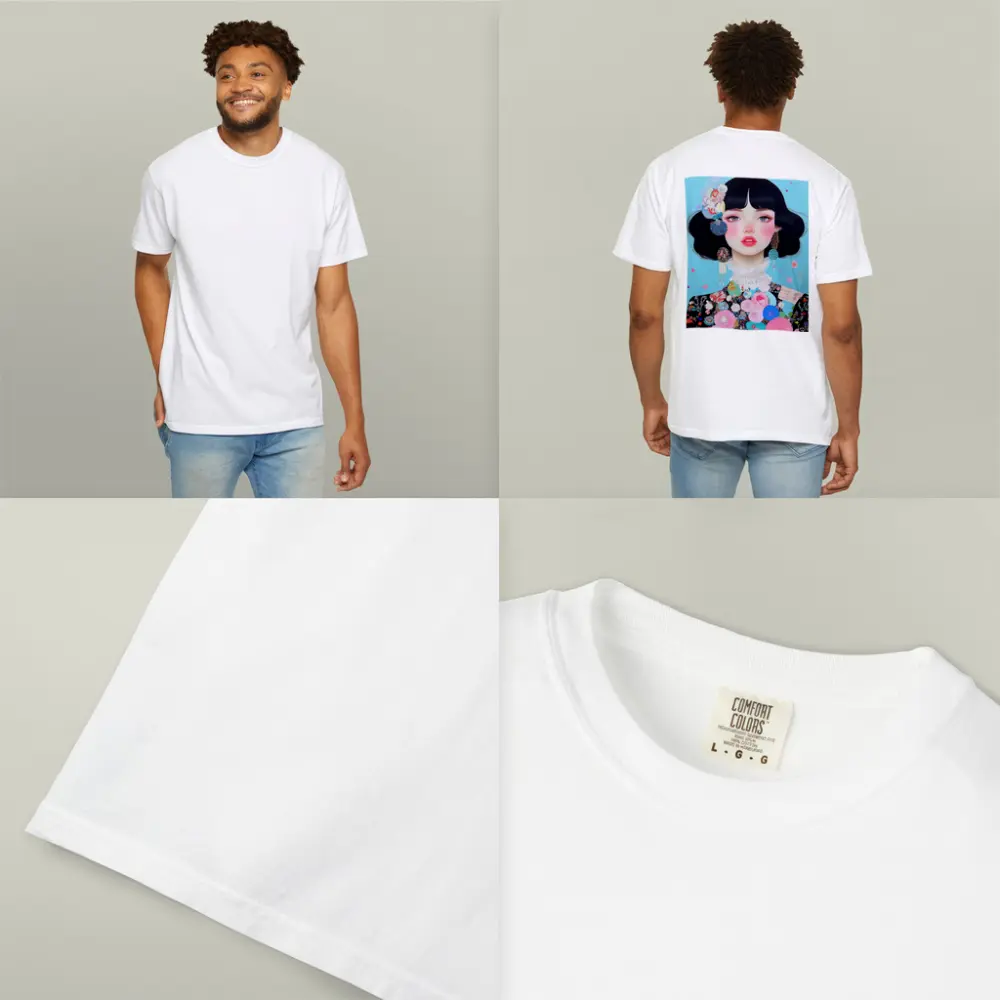 Anime Girl Floral Collage Blue Background – T-Shirts