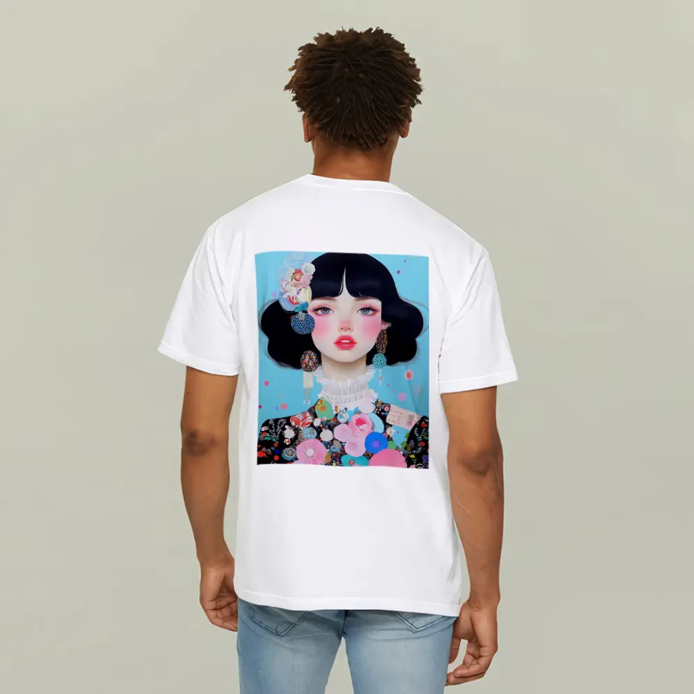 Anime Girl Floral Collage Blue Background – T-Shirts
