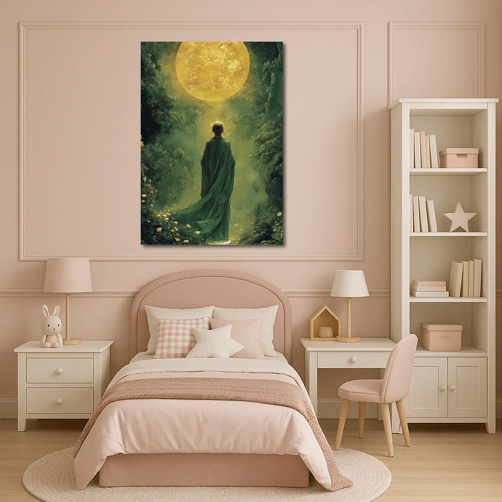 Robed Figure Before Golden Sun Fantasy Forest – Wall Art