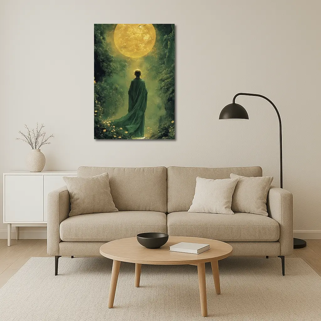 Robed Figure Before Golden Sun Fantasy Forest – Wall Art