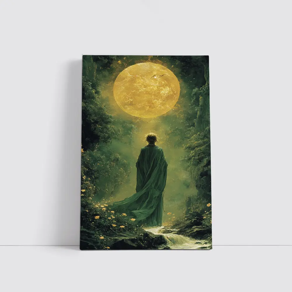 Robed Figure Before Golden Sun Fantasy Forest – Wall Art