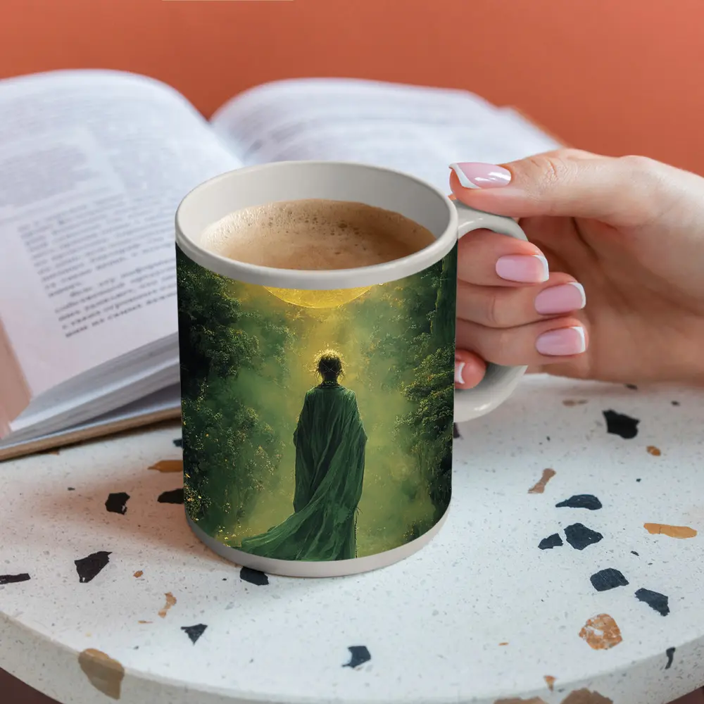 Robed Figure Before Golden Sun Fantasy Forest – Mugs