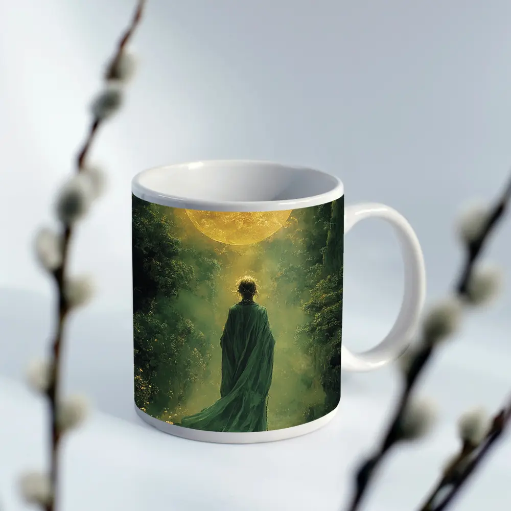 Robed Figure Before Golden Sun Fantasy Forest – Mugs