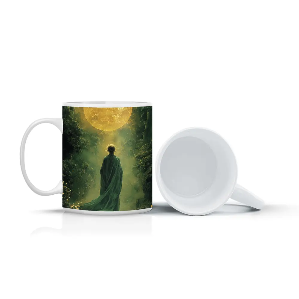 Robed Figure Before Golden Sun Fantasy Forest – Mugs