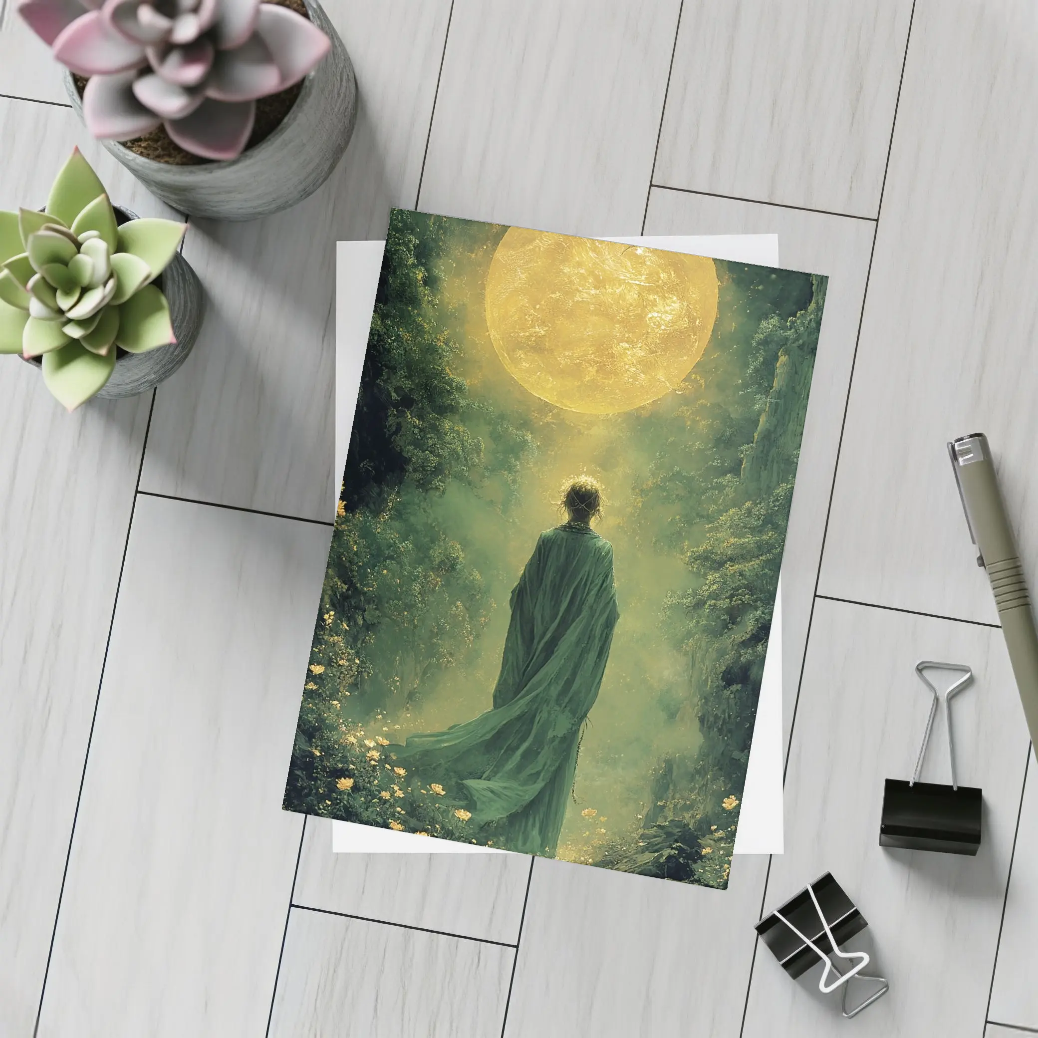 Robed Figure Before Golden Sun Fantasy Forest – Postcards