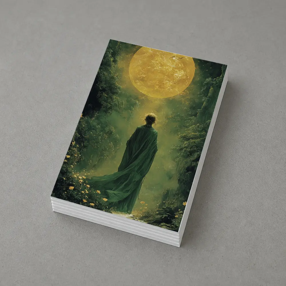 Robed Figure Before Golden Sun Fantasy Forest – Postcards