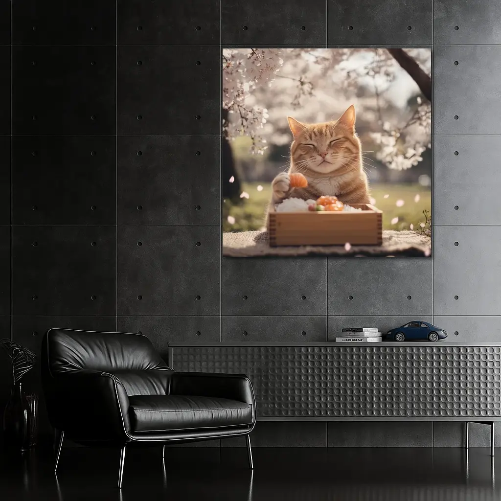 Happy Orange Cat Eating Sushi Cherry Blossoms – Wall Art