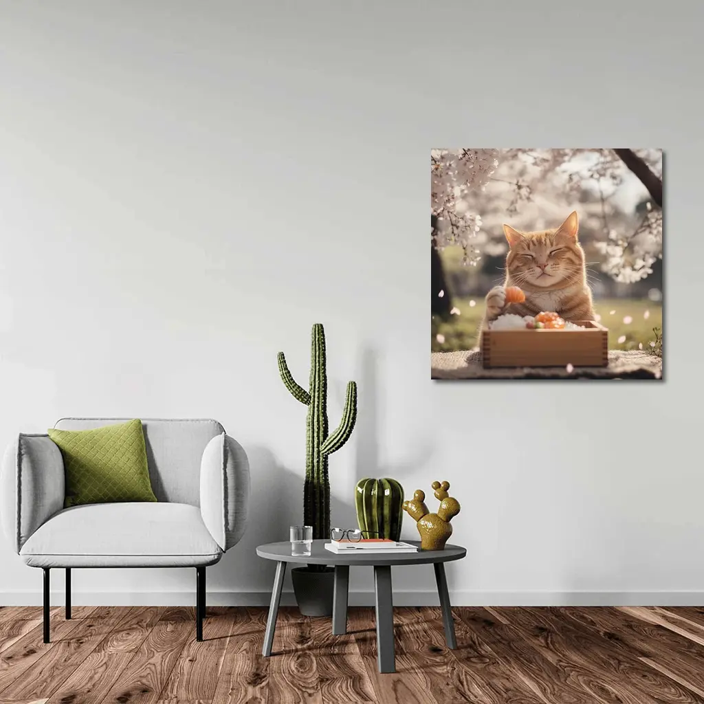 Happy Orange Cat Eating Sushi Cherry Blossoms – Wall Art