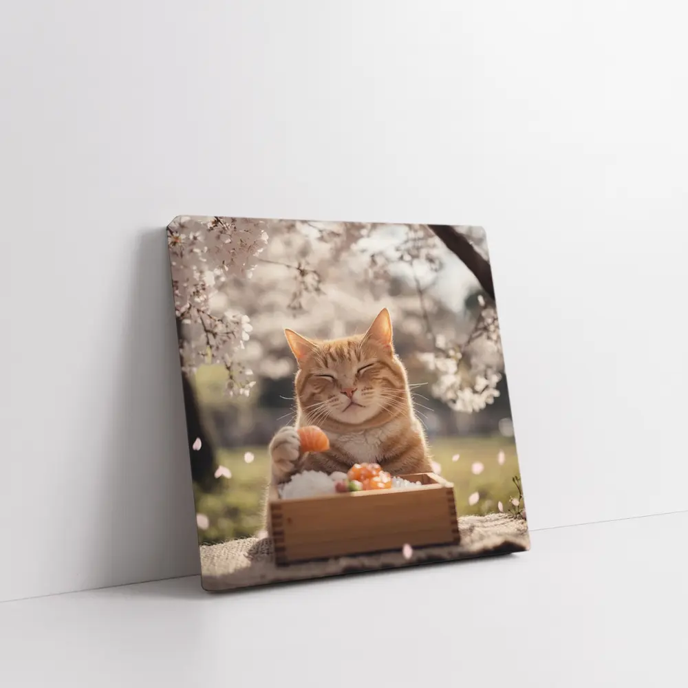 Happy Orange Cat Eating Sushi Cherry Blossoms – Wall Art
