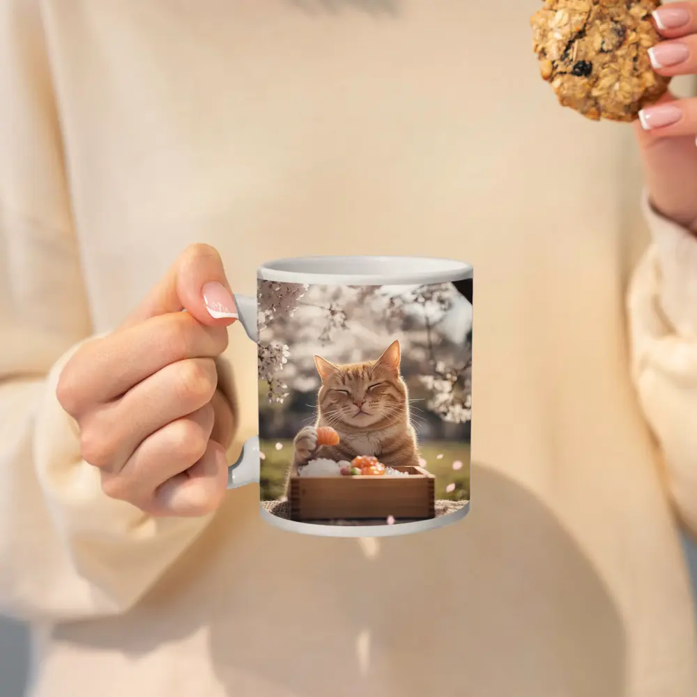 Happy Orange Cat Eating Sushi Cherry Blossoms – Mugs