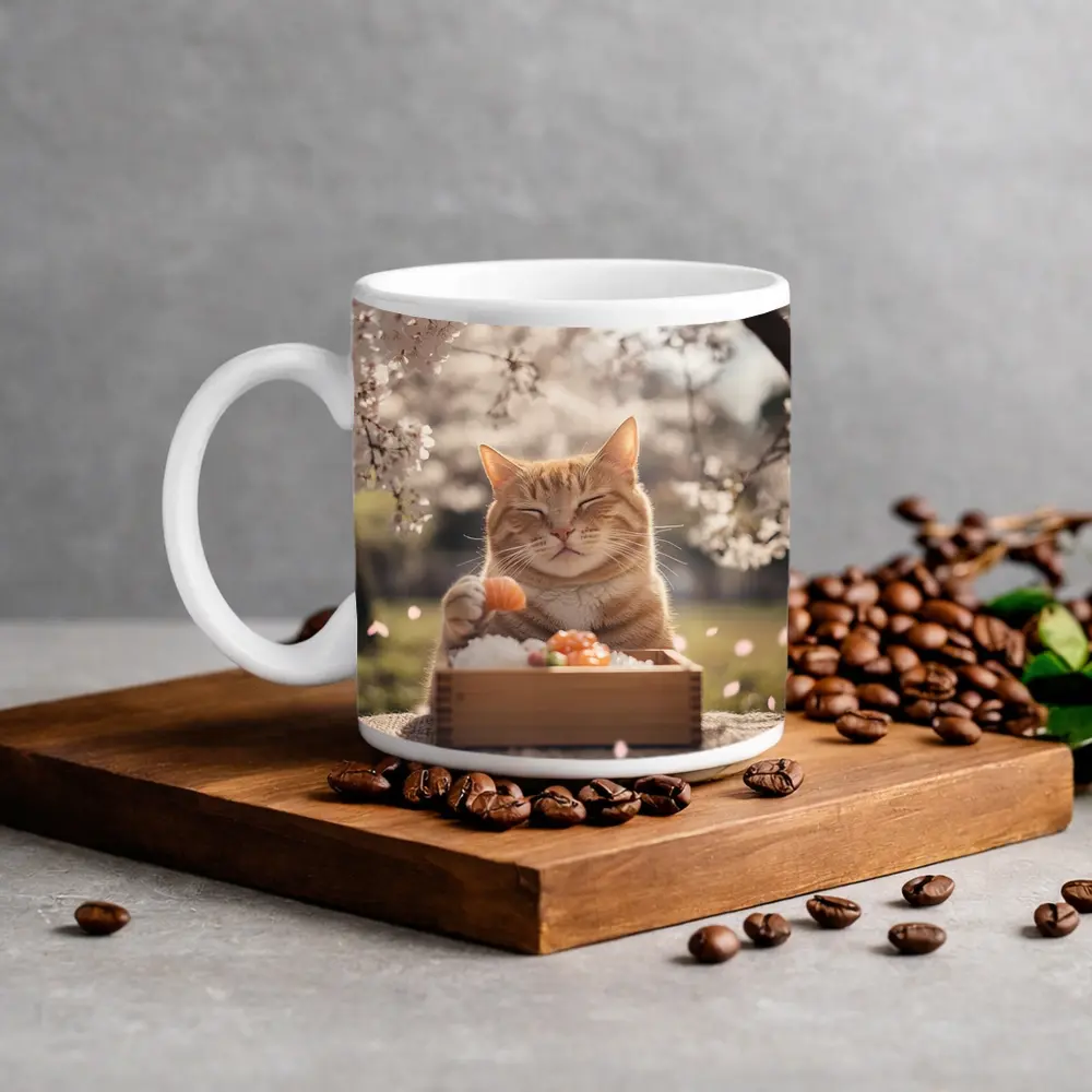 Happy Orange Cat Eating Sushi Cherry Blossoms – Mugs