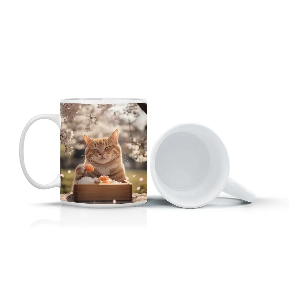 Happy Orange Cat Eating Sushi Cherry Blossoms – Mugs